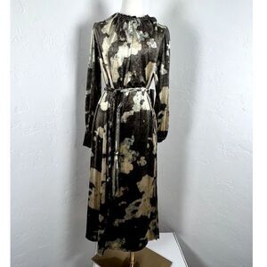 NWT Midi VELVET LONG SLEEVE DRESS Tie Waist Pockets Brown Gold Olive Women Small